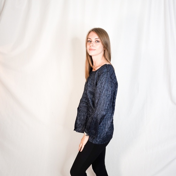 EILEEN FISHER Blue Silk Crinkle Button Shirt - Picture 5 of 8